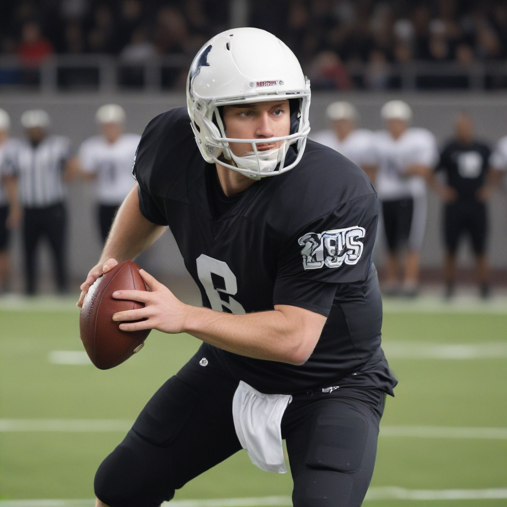 White man playing american football as a quarterback in a black uniform