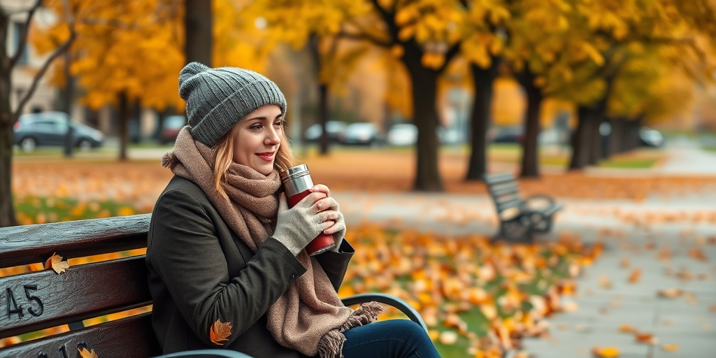 Bustling city park in autumn, golden leaves falling from the trees, a woman sits on a park bench, bundled in a scarf and hat, sipping from a thermos.