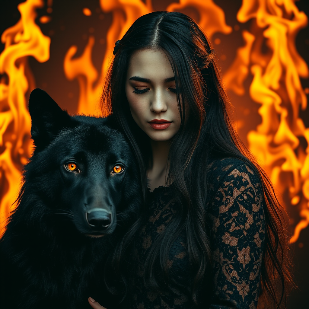 A woman with long dark hair, wearing a black lace dress that seamlessly blends into her skin with intricate floral patterns. She is in the foreground, with a black wolf beside her; its fur is midnight black, and it has glowing, intense, orange eyes that match hers. Her eyes are partially closed with burning embers above them, giving a fiery and mystical aura. The background is engulfed in tall, roaring flames, contributing to an overall dark and supernatural atmosphere. The colors are intense, predominantly black, fiery orange, and deep reds, with sharp contrast highlighting the mysterious and fierce theme. The flames are bright and dynamic, casting dramatic light and shadow, illuminating the woman and wolf while leaving parts in near darkness. The image evokes a sense of otherworldly power and connection between the woman and the wolf.