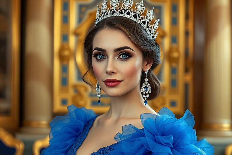 A gorgeous Azerbaijani woman in a luxurious blue gown, accessorized with a dazzling tiara and statement earrings, her deep blue eyes highlighted by impeccable makeup, poised in a royal setting, photorealistic, 8K quality