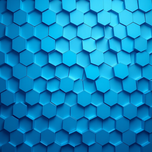 Create a 3D hexagonal pattern background with varying shades of blue, using a Canon EOS R5 camera at f/8 aperture, 50mm focal length, shot in landscape orientation with a high dynamic range setting.