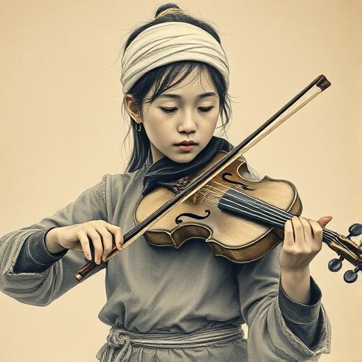 a young Tibetan woman with a white headband playing a violin, in the style of a charcoal drawing, sepia grunge background