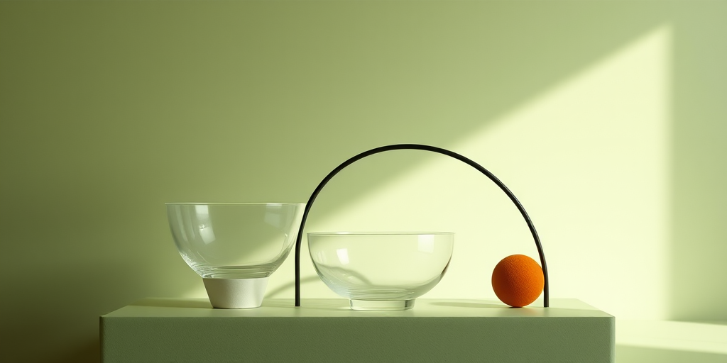 a modern minimalist design featuring abstract shapes with a muted green background, including a translucent bowl, a thin black arch, and a small circular orange shape, captured with a Canon EOS R5, 50mm lens, f/1.8 aperture, ISO 200, soft natural lighting to enhance texture and color depth.
