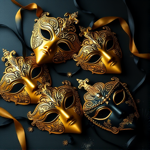 highly detailed flat lay of ornate gold and black Venetian masks on a dark surface, 50mm lens, f/1.8 aperture, ISO 100, natural soft lighting, shot from above with a shallow depth of field, using a full-frame DSLR camera, high resolution