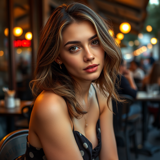 photo of young [woman:Ana de Armas:0.4], highlight hair, sitting outside restaurant, wearing dress, rim lighting, studio lighting, looking at the camera, dslr, ultra quality, sharp focus, tack sharp, dof, film grain, Fujifilm XT3, crystal clear, 8K UHD, highly detailed glossy eyes, high detailed skin, skin pores