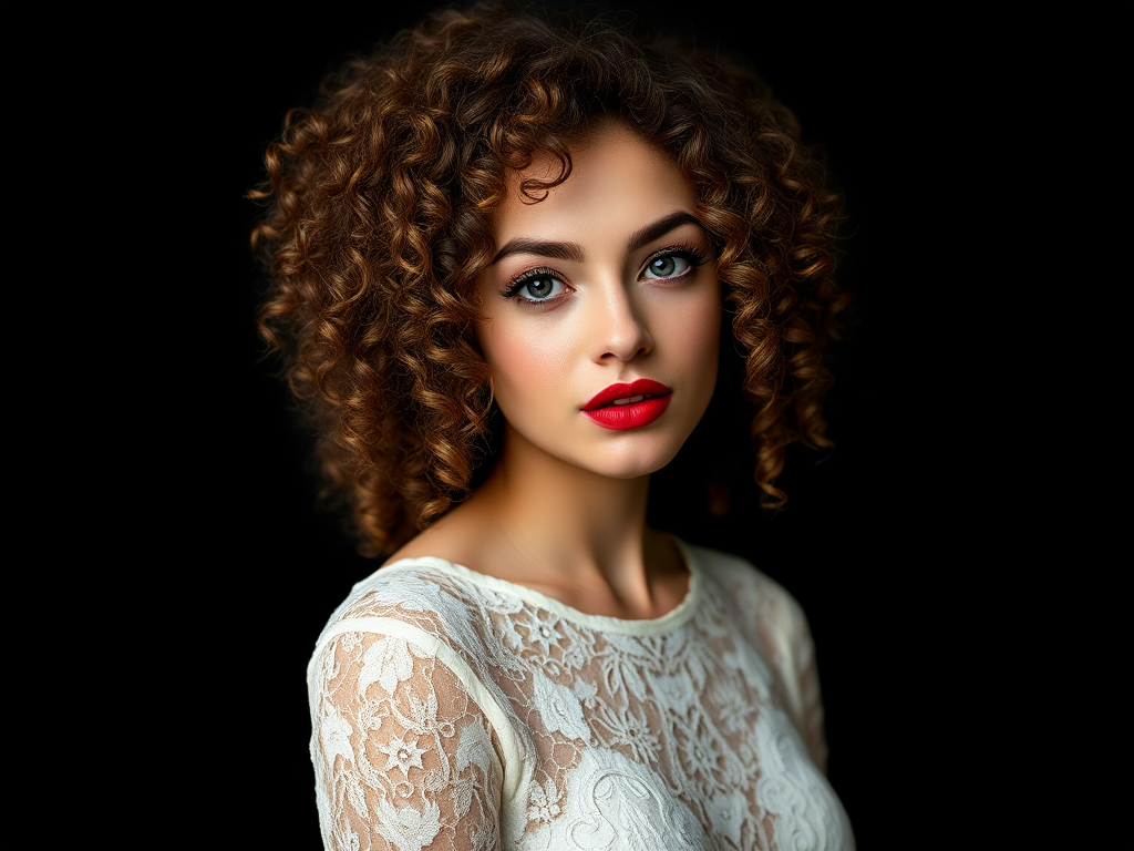 portrait of a woman with curly hair wearing a white lace dress and red lipstick against a black background, soft studio lighting, aperture f/2.8, ISO 100, 85mm lens, shot with a DSLR camera, using a shallow depth of field to create a blurred background effect.