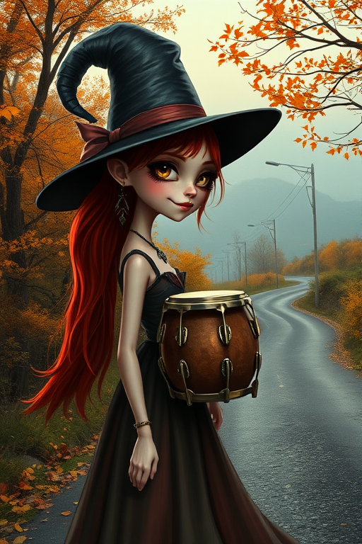 digital art fantasy depicting a strange girl with red hair, long eyelashes, Yellow lipstick and a tall hat walking along a winding road on an autumn afternoon, an Bongo smiles as she passes