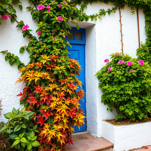 Capture a vibrant entrance to a charming house with a blue door framed by colorful foliage, using a DSLR camera with a 50mm lens, aperture f/2.8, ISO 100, and 1/200 sec shutter speed, shot from a slightly elevated angle to accentuate the lush greenery and textures of the wall.