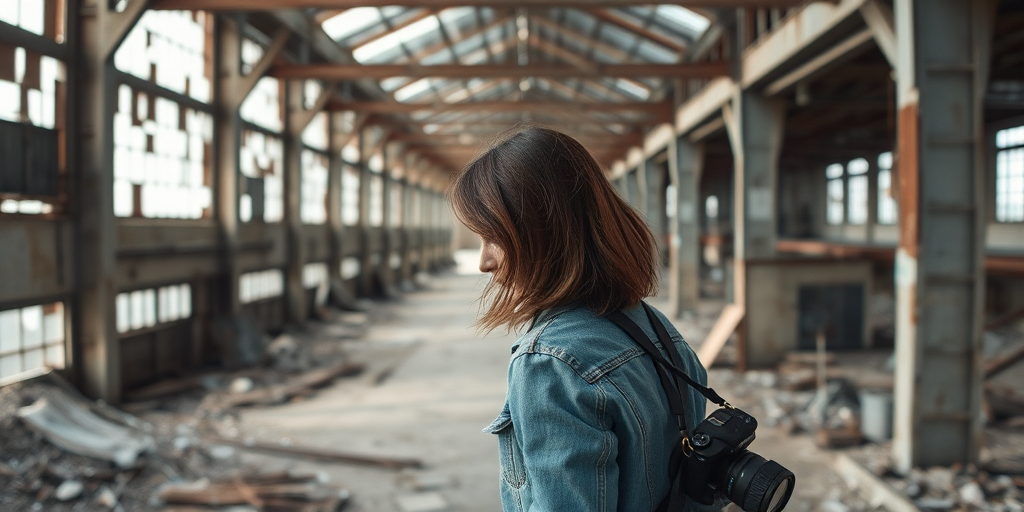 Abandoned factory, with broken windows and rusted metal beams, a woman in a denim jacket explores cautiously, her camera slung over her shoulder as she captures the decaying beauty of the space.