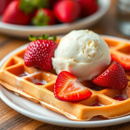 Close-up shot of a waffle plate with fresh strawberries and a scoop of vanilla ice cream, natural light, 50mm lens, f/1.8 aperture, ISO 100, shallow depth of field, soft focus background, DSLR camera.