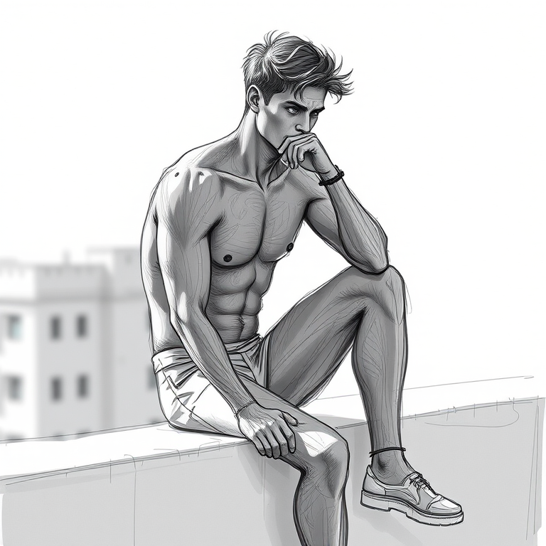 Create a highly detailed sketch of a thoughtful male figure sitting on a ledge, using a Canon EOS R5 with a 50mm f/1.2 lens, aperture f/2.8, ISO 100, shutter speed 1/125 sec, with soft natural lighting and a shallow depth of field to enhance the contours and lines of the body.