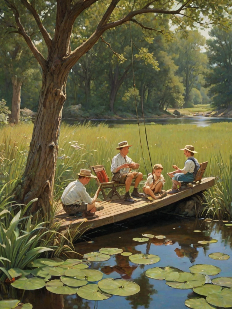 Imagine a small group of old fashioned young boys out fishing by the creek, a swing hanging from a tree branch, reeds and grasses by the water's edge, a frog sitting on a lily pad, dragonflies hovering over som water plans, a very iconic old fashioned scene reminiscent of a Norman Rockwell painting style