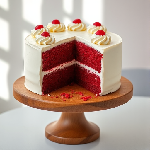 A beautifully decorated red velvet cake with white cream cheese frosting on a wooden cake stand, partially sliced to reveal the rich red interior, set against a light and airy background with soft natural lighting.