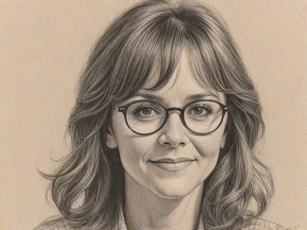 Appealing Sally Field, pencil sketch, portrait of Captivating woman 1975s in glasses, hair style beatnik, outline, clear lines, fine lines, 8k