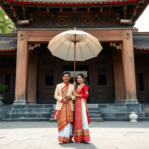 _regenerate the image of a couple in traditional attire standing under an umbrella in front of an ancient temple, captured with a Canon EOS R5 at f/2.8, 50mm lens, ISO 100, in soft natural light for enhanced clarity and detail, wide-angle view for a dramatic background effect_