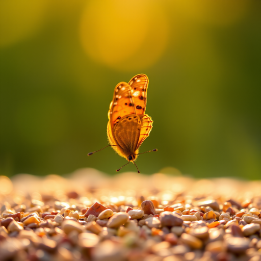 A vibrant orange and yellow butterfly with black markings is perched on a bed of small, brown pebbles in the warm, golden light of a setting sun. The butterfly is facing the viewer with its wings slightly raised, creating a sense of delicate movement. The background is a soft, blurred green and yellow, creating a gentle, natural atmosphere. The image is captured in a close-up perspective, focusing on the butterfly's intricate details and the warm glow of the sunlight.
