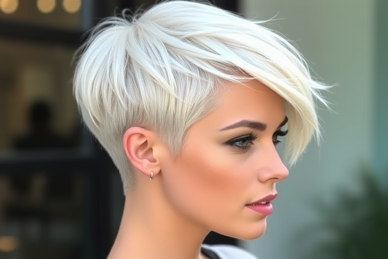 Stunning platinum blonde pixie cut with textured layers, showcasing a daring asymmetrical design and soft, feathered edges, exuding modern elegance and effortless style