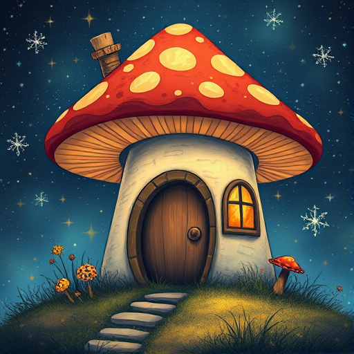 generate illustration of a mushroom house with a door and a window, a storybook , fantasy art, mushroom house, bg starry sky, sparkles