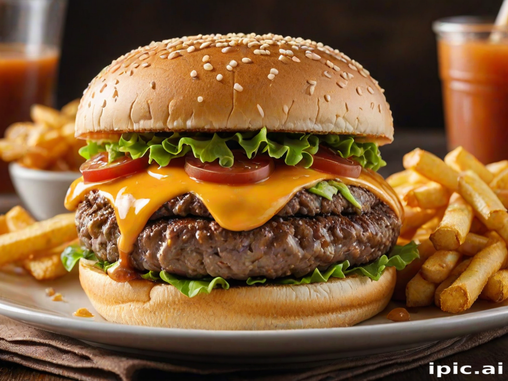 High-resolution, close-up image of a gourmet double cheeseburger. The burger features a glossy, sesame-seed-topped brioche bun. Inside, there are two thick, juicy beef patties, each topped with melted cheddar cheese. The burger is garnished with fresh lettuce, tomato slices, diced onions, and pickles. A generous amount of ketchup and a creamy, orange-colored sauce is dripping down the sides, adding to the mouth-watering appeal. In the background, there are blurred elements including a side of golden French fries and a hint of a beverage, enhancing the overall presentation of a delicious meal.
