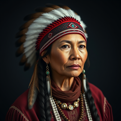 Create a high-resolution portrait of a Native American woman wearing traditional attire with a feather headdress, captured with a Canon EOS R5, 85mm lens, f/1.8 aperture, ISO 100, in a soft studio light setting against a dark backdrop.
