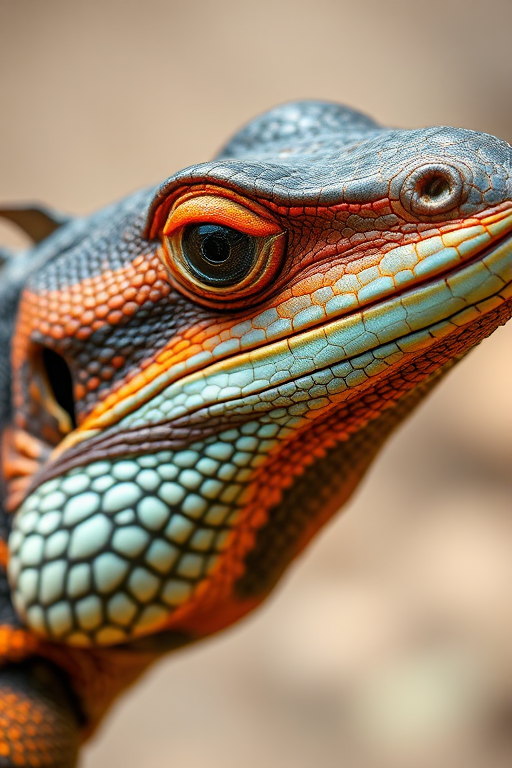 Close-up of a Komodo dragon's head with detailed textures and vivid colors, shot with a DSLR camera at f/2.8, ISO 200, 1/250 sec, natural light, shallow depth of field for blurred background.