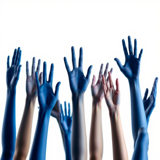 create an image of multiple raised hands in various sizes and orientations, colored in solid blue with black shadows, captured with a Canon EOS R5, 50mm lens, f/1.8 aperture, ISO 100, and soft natural lighting, against a plain white background to enhance contrast and clarity