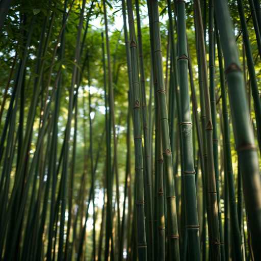 Regenerate a high-resolution image of a bamboo grove with soft natural lighting, focus on the texture of the bamboo stalks, using a Nikon D850 with a 50mm lens, aperture f/2.8, ISO 100, shutter speed 1/125s, captured from a low angle for depth.
