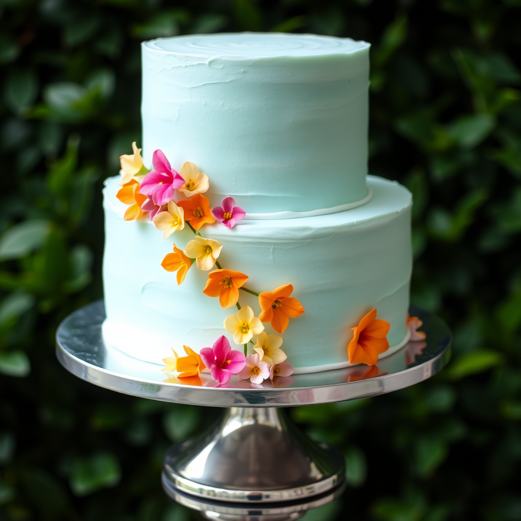 Create an image of a two-tiered cake with a light blue frosting. The cake should be adorned with colorful, delicate flowers in shades of pink, orange, and yellow, cascading down the sides. It should be displayed on a shiny silver cake stand, set against a lush green background.