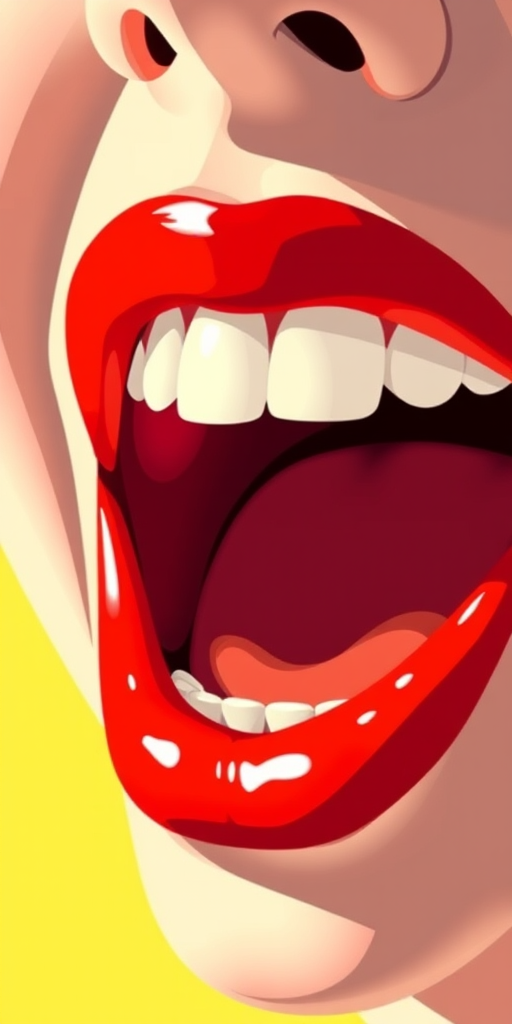 Create a vibrant illustration of an open mouth with bright red lips and white teeth, using a DSLR camera with a 50mm lens at f/1.8 for a shallow depth of field, shot in natural light from a 45-degree angle for contrast, with a clear focus on the mouth.