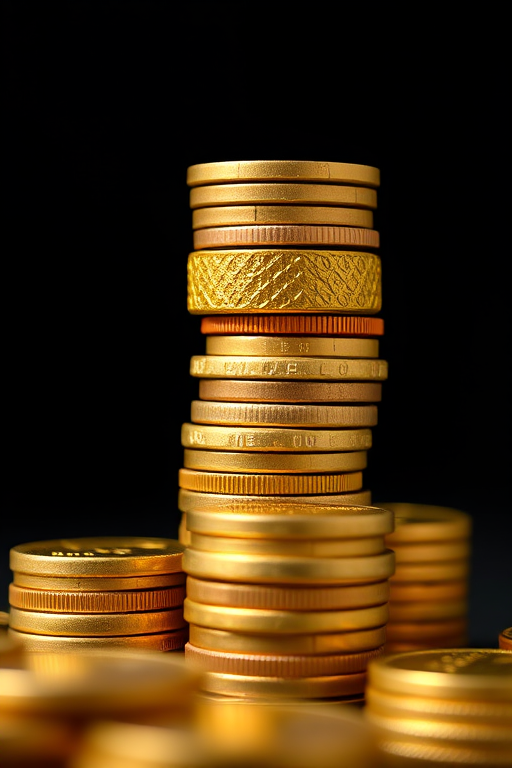 Close-up shot of stacked gold bars and coins with a dark background, using a Canon EOS 5D Mark IV, aperture f/2.8, ISO 100, shutter speed 1/125, macro lens for enhanced detail and clarity.