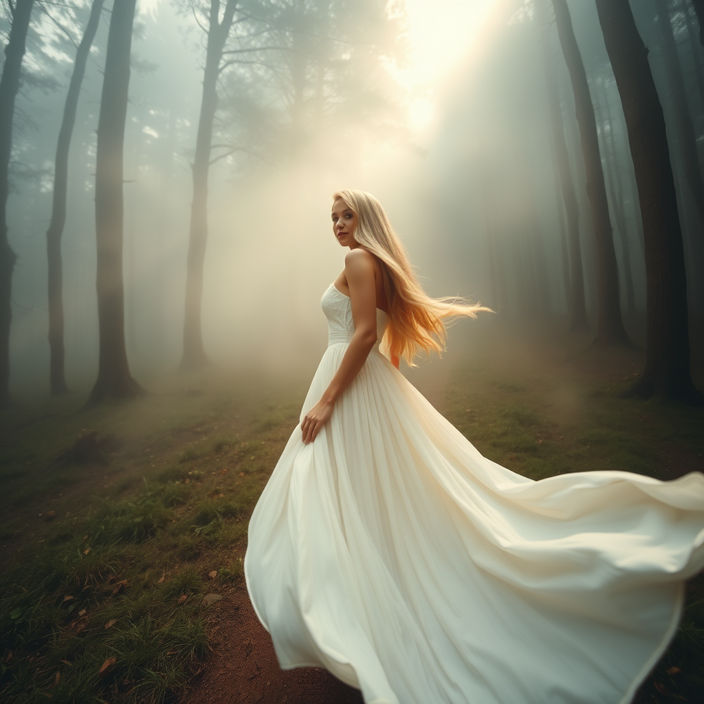 A wide-angle shot of a blonde woman standing on a misty forest path, wearing a flowing white dress. The rich fabric of her skirt billows gently in the wind, while her long blonde hair flows freely in the same breeze. The surrounding forest is enveloped in soft mist, creating a dreamy and ethereal atmosphere. Above her, the sunlight gently breaks through the fog, casting a faint glow over the scene. The woman's serene posture and the soft, natural light create a peaceful and mystical mood.