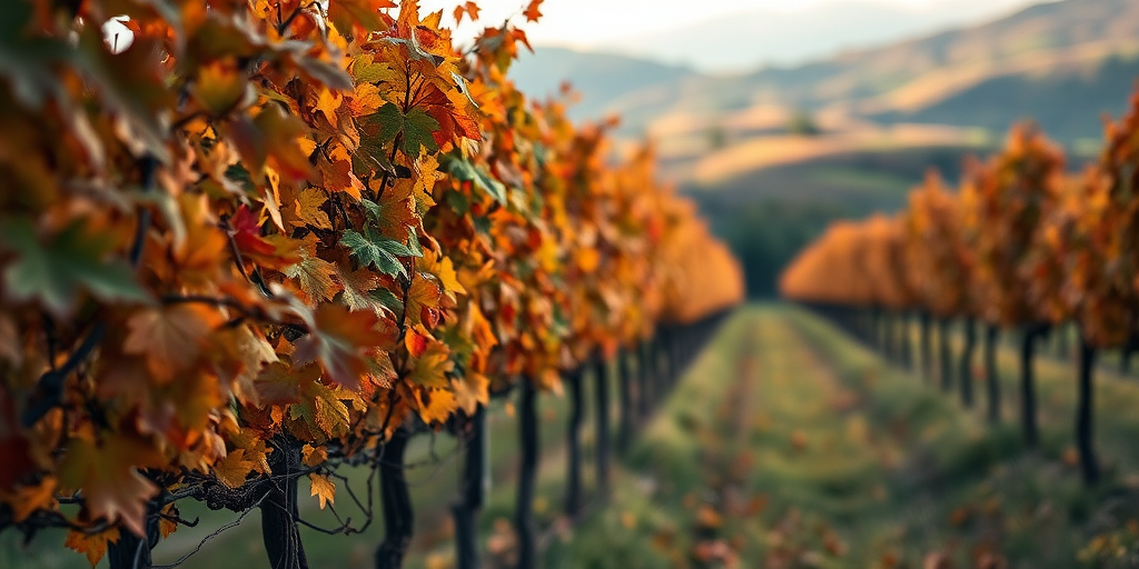 Soft-focus image of a picturesque vineyard in autumn, with grapevines adorned with colorful leaves, soft sunlight illuminating the hills in the background.