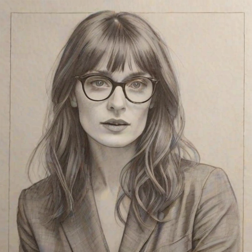 Captivating Florence Welch, pencil sketch, portrait of Graceful woman 1956s in glasses, hair style beatnik, outline, clear lines, fine lines, 8k
