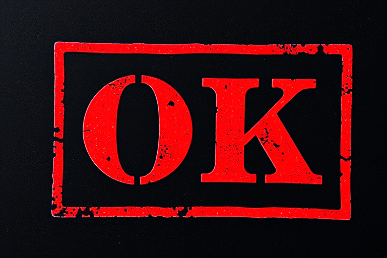 Generate an image of a red stamp with the word OK in a bold and distressed font on a black background, captured with a Canon EOS R5, 50mm lens, aperture f/2.8, ISO 100, in natural light, with a slight vignette effect to enhance focus on the stamp.