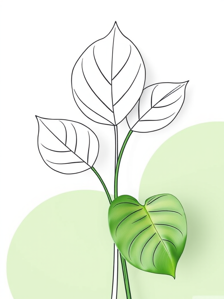 Create a minimalist line drawing of three monstera leaves with soft green shapes in the background, shot with a 50mm lens at f/2.8, ISO 100, in natural light for enhanced color vibrancy, top-down view, using a digital camera.