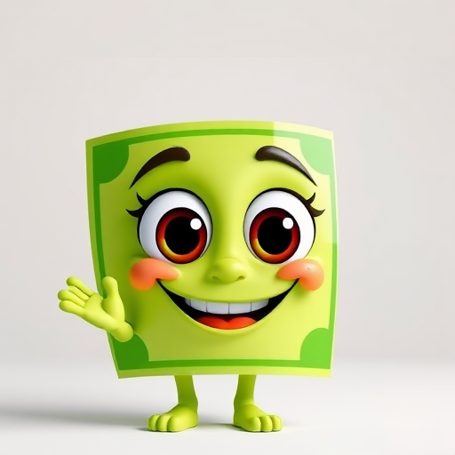 Create a vibrant cartoon image of a cheerful dollar bill character with big eyes and a friendly smile, making a hand gesture, in a bright green color, with a white background, using a DSLR camera at f/2.8 aperture, 50mm lens, natural lighting, and a shallow depth of field to enhance the character's details.
