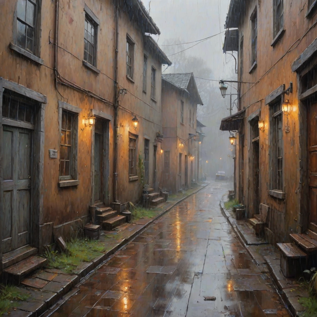 rainy day house painting, fine art painting, fantasy art, 4K, 3D, HDRi, detailed oil painting, high definition art, expressive rustic oil painting, foggy alley, soft focus