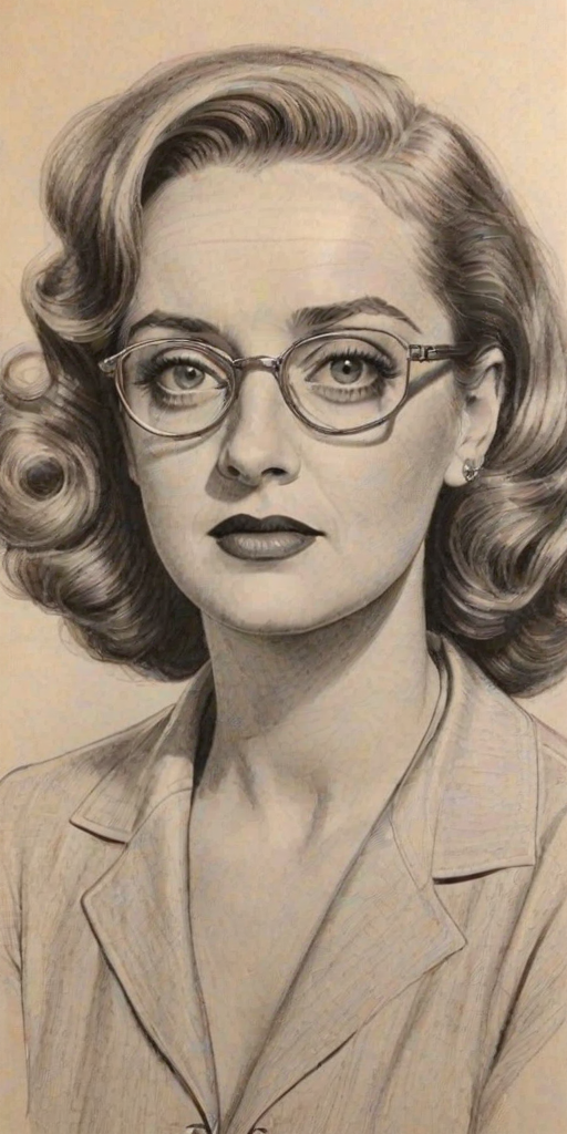 Fascinating Bette Davis, pencil sketch, portrait of Attractive woman 1945s in glasses, hair style beatnik, outline, clear lines, fine lines, 8k
