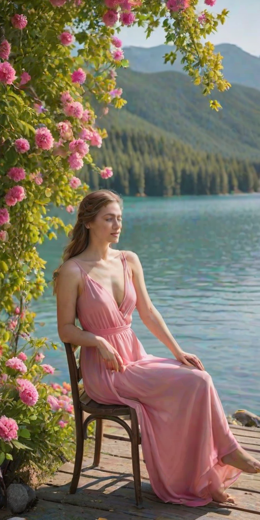 a young woman in a flowing pink dress sitting on a wooden chair surrounded by colorful flowers near a serene body of water on a sunny day