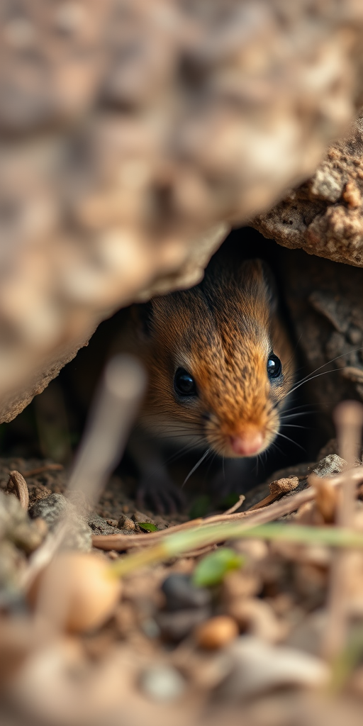 capture a close-up of a small brown mouse hiding beneath a rock with detailed textures of the fur and surroundings in natural light, using a DSLR camera with a 50mm lens, aperture f/2.8, shutter speed 1/200, ISO 100, and a shallow depth of field for enhanced clarity and focus on the mouse