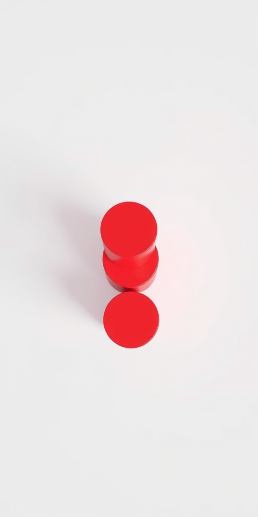 Generate a high-resolution 3D rendering of three stacked red cylinders on a plain white background, using a DSLR camera with a 50mm lens, aperture set to f/1.8, ISO 100, and a focal length of 50mm, in an overhead view for optimal lighting and shadow detail.