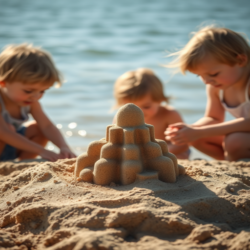 children playing by the water with a sandcastle in focus shallow depth of field sunny day soft light high resolution canon eos r5 50mm f/1.2 lens aperture f/2.8 1/250s iso 100