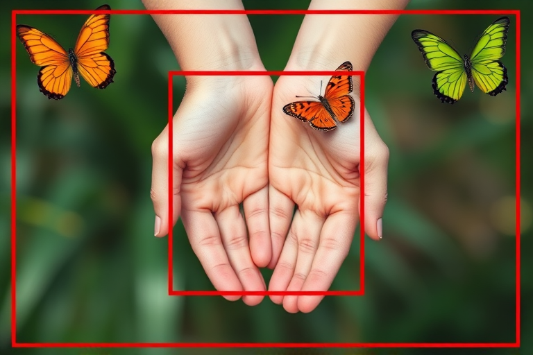 Create a high-resolution image of two hands holding each other, framed in a square with a red border, with one orange butterfly and one green butterfly in the top corners, using a Canon EOS R5 camera, 50mm lens, f/1.8 aperture, ISO 100, natural lighting, and a shallow depth of field.