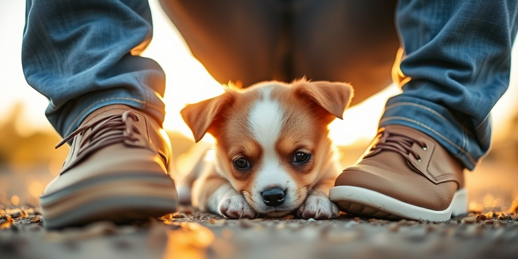 capture a close-up of a small puppy lounging near a person's feet wearing casual jeans and slip-on shoes, with a shallow depth of field, natural lighting at golden hour, camera settings: f/2.8, 1/200s, ISO 100, angle low to the ground, using a DSLR camera with a 50mm lens