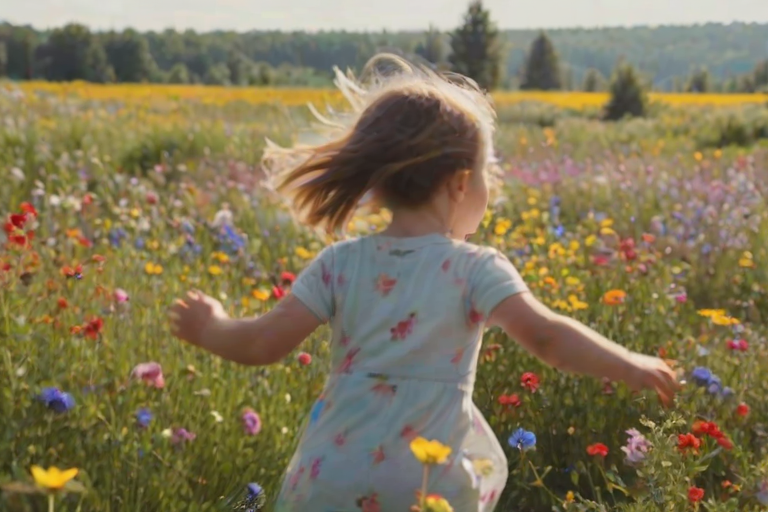 Blurry candid shot of a young child running through a field of wildflowers, arms outstretched, with colorful blooms swaying around them and a sunny blue sky above.