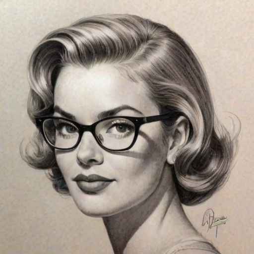 Splendid Brandy Ledford, pencil sketch, portrait of Gorgeous woman 1955s in glasses, hair style beatnik, outline, clear lines, fine lines, 8k