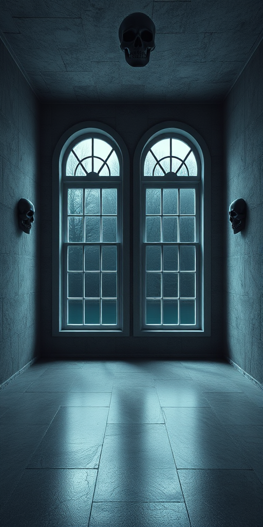 Create a high-resolution digital artwork of an eerie room with gray textured walls, featuring two large windows displaying a dark pool scene outside, accented by skull decorations on the walls, shot with a DSLR camera at f/2.8, ISO 100, and a focal length of 35mm, using a wide-angle lens for dramatic perspective.