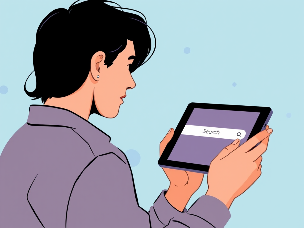 Create a vector-style illustration of a person holding a tablet showing a search bar, set against a light blue background with abstract shapes, using a Canon EOS 5D Mark IV with a 50mm lens at f/1.8, ISO 100, and a shallow depth of field for enhanced focus on the tablet.