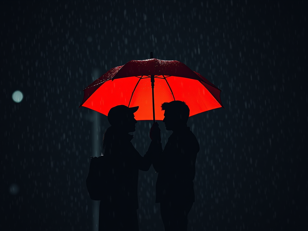 Create an image of two silhouetted figures sharing a red umbrella in the rain, captured with a 50mm lens at f/1.8 for a shallow depth of field, ISO 200, 1/125 sec exposure, in a high-contrast, vibrant digital style against a dark, textured background, simulating a soft-focus bokeh effect.