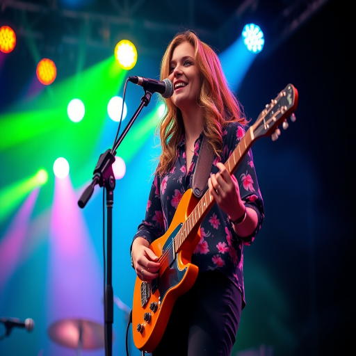 A vibrant female musician performing on stage with a guitar, wearing a floral-patterned shirt, surrounded by colorful stage lights, captured with a DSLR camera at f/1.8 aperture, ISO 400, 50mm lens, wide-angle view, in high-resolution digital art style.